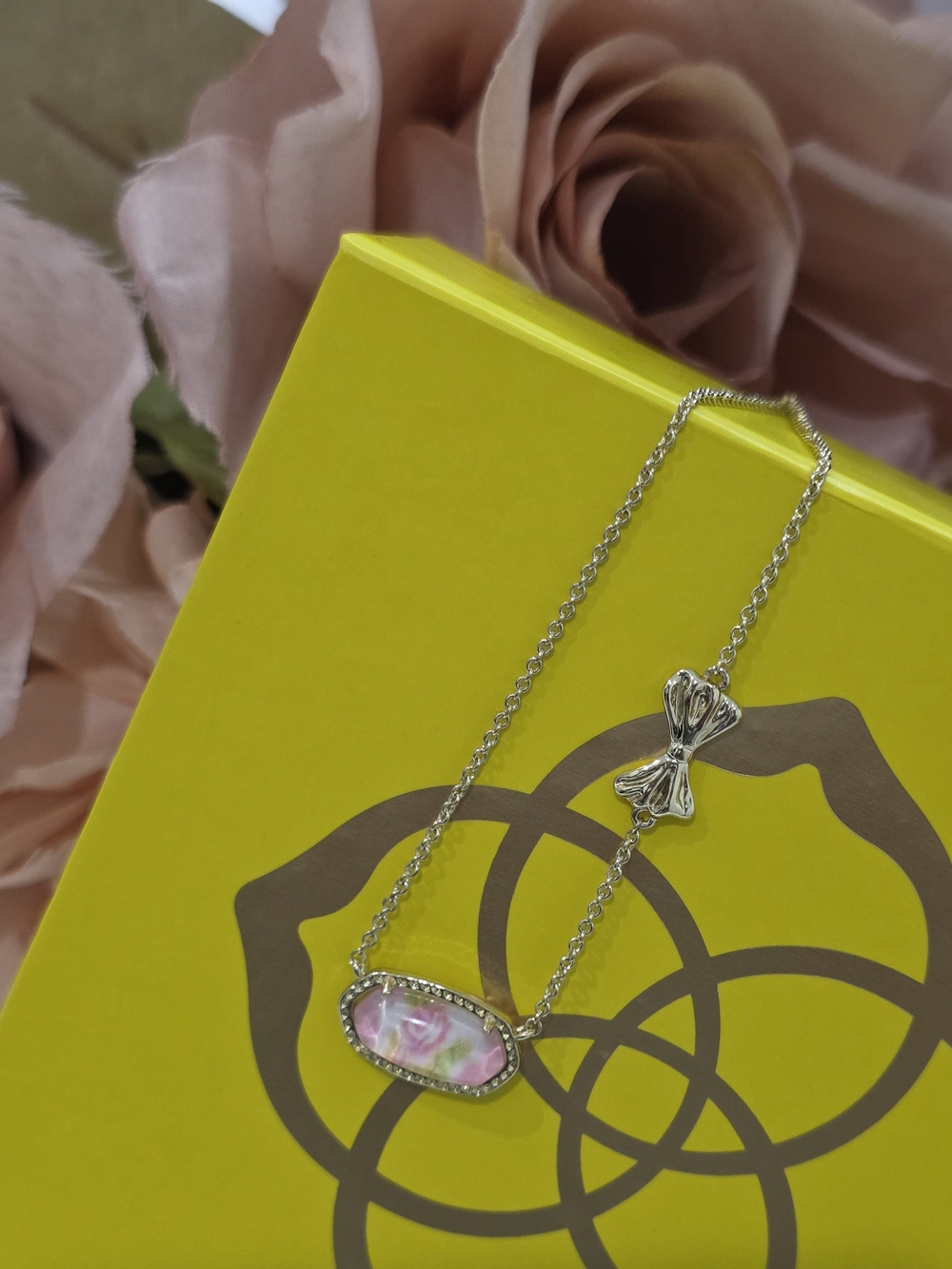 Kendra Scott Gold Necklace with Pink Floral Oval Pendant